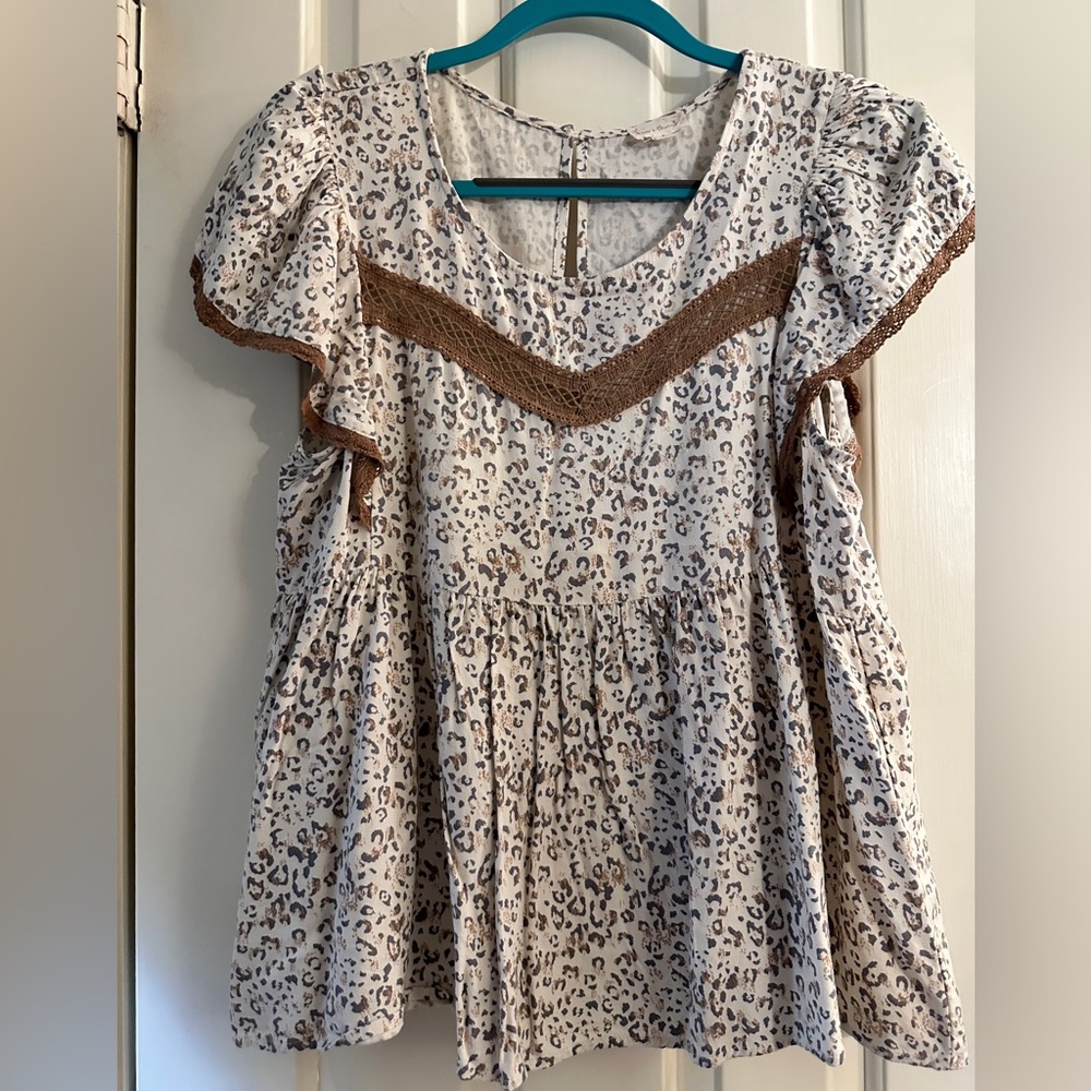 Altar'd State Cream and Brown Leopard Blouse